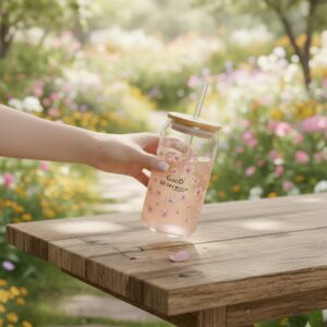 Tasse en verre avec couvercle et paille