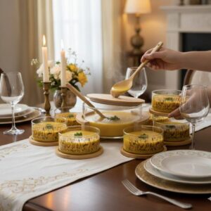 Ensemble de bols en verre et bois et soupière avec calligraphie arabe