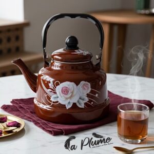 Théière Vintage « Rose d'Antan » en Acier Émaillé Brun