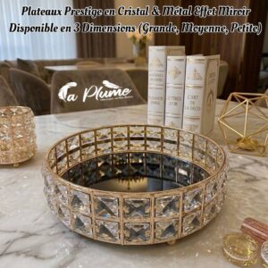 Plateau Prestige En Cristal Et Métal Doré Avec Fond Miroir