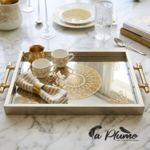 Plateau de Service Miroir "Orient Luxe" Finition Dorée et Motifs Mandala