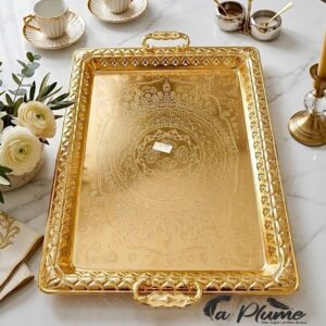Plateau de Service Royal Doré à Motifs Orientaux Ciselés
