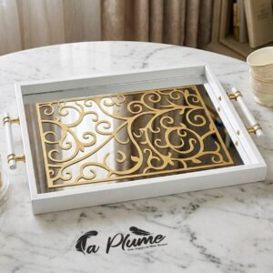 Plateau de Service de Luxe "Arabesque Gold" Blanc & Miroir Doré