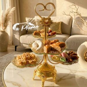 Serviteur à Gâteaux à 3 Étages en Cristal et Métal Doré