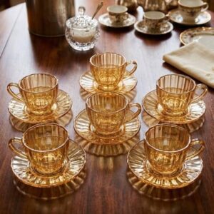 Service à Thé 12 Pièces en Verre Ambré Ciselé Vintage