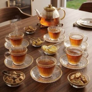 Service à Thé 12 Pièces en Verre Martelé et Liseré Doré