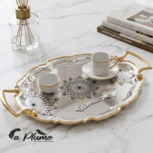 Plateau de Service Royal en Miroir Argenté et Bordure Or Ciselée