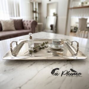 Plateau de Service de Luxe en Acier Inoxydable Argenté Style Classique avec Poignées Sculptées