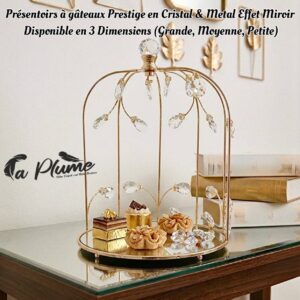 Présentoir à gâteaux en métal doré et cristal avec fond miroir