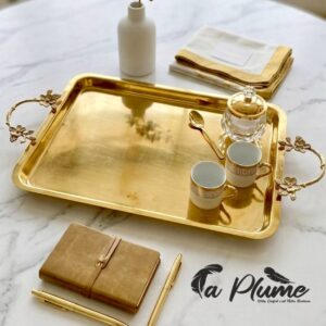 Plateau de Service Royal "Éclat Doré" avec Poignées Florales Artisanales