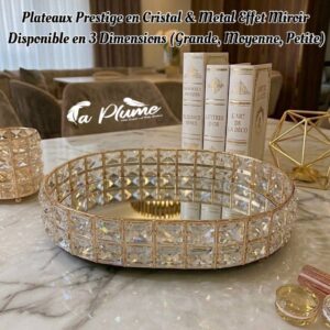 Plateau Prestige rond en cristal et métal doré avec fond miroir