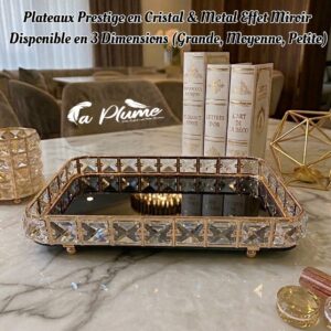 Plateau Prestige Rectangulaire En Cristal Et Métal Doré Avec Fond Miroir
