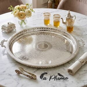 Plateau de Service Royal en Argent Ciselé  Artisanat Marocain de Prestige
