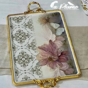 Plateau de Service "Héritage Floral" avec Bordures et Poignées Dorées Ciselées