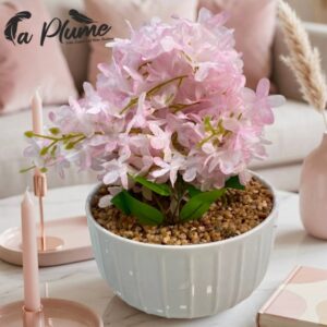 Centre de Table Floral Hortensia Rose Poudré en Pot Nervuré