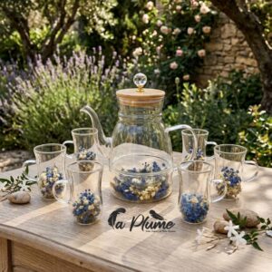 Service a Thé Théière en Verre avec Couvercle Bambou et 6 Tasses à Fleurs Séchées
