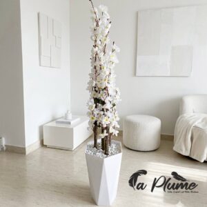Plante Artificielle L'Arbre de Cerisier Blanc en Fleur avec Grand Pot Design 1m15