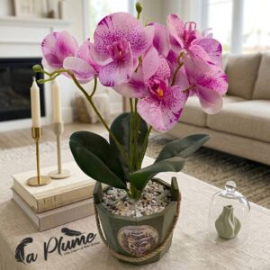 Orchidée Phalaenopsis Artificielle "Éclat Mauve" en Pot Hexagonal Rustique
