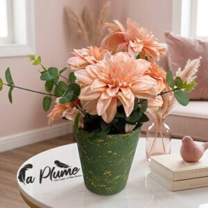 Dahlias Abricot en Pot Design Vert Moucheté