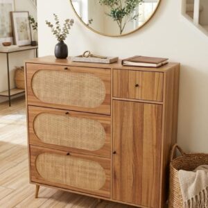 Meuble à chaussures en rotin et bois