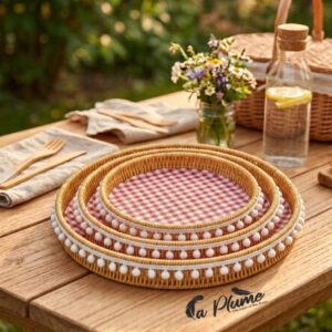 Plateaux Picnic Chic en Rotin et Tissu Vichy