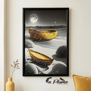 Cadre Décoratif Barques d'Or sous la Lune 63 x 43 Cm