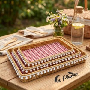 Plateaux Picnic Chic en Rotin et Tissu Vichy