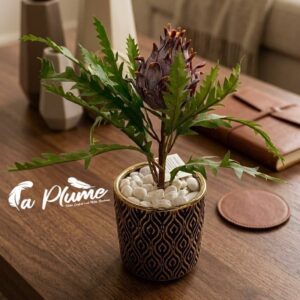 Plante Artificielle Protéa Impériale en Pot Géométrique Doré