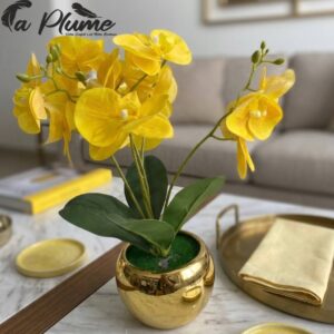 Orchidée Phalaenopsis Artificielle "Soleil d'Or" en Pot Céramique Dorée