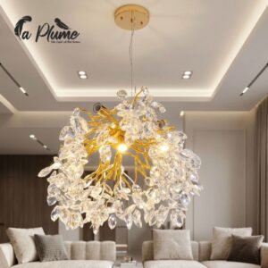 Lustre Majestueux en Branches de Cristal et Or