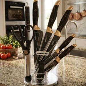 Ensemble de Couteaux de Luxe Noir et Or avec Support Rotatif