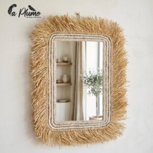 Miroir Mural Artisanal en Raphia et Coquillages 80 cm