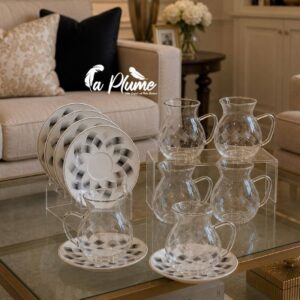 Service à Thé Élégance Géométrique 12 Pièces en Verre et Porcelaine