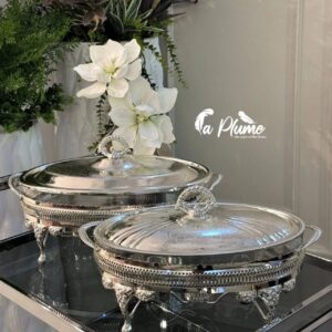 Plat de service chauffant luxueux en métal argenté et verre