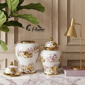 Jarre Éclat Floral en porcelaine orné de feuilles d’or