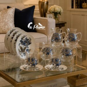 Service à thé floral bleu et doré (12 pièces)