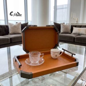 Plateaux rectangulaires octogonaux en simili cuir orange brûlé