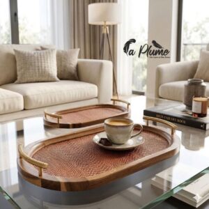 Plateaux oblongs en bois et simili cuir texturé