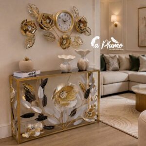 Console décorative florale à structure dorée