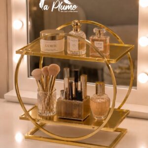 Organisateur cosmétique et présentoir de parfum circulaire doré à double niveau