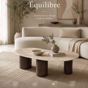 Table Basse Travertin et Bois Brûlé