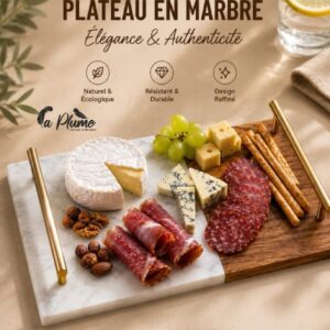 Plateau de service rectangulaire en marbre et bois