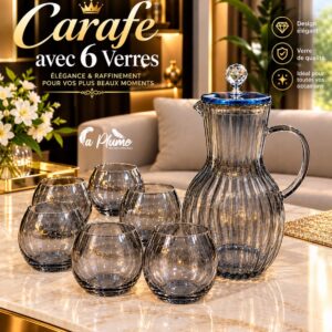Service Carafe et 6 Verres en Verre Fumé Cannelé