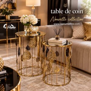 Table de Coin chic en métal doré et miroir avec motifs feuilles ajourées