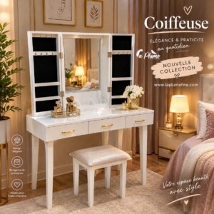 Coiffeuse de maquillage blanche avec son tabouret assorti