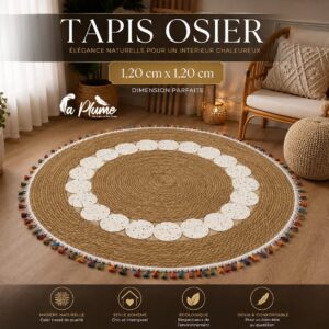 Tapis rond bicolore en osier et pompons Élégance & Fantaisie