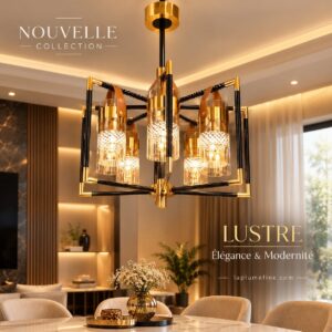Lustre Graphique en Métal et Verre Ciselé