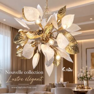 Lustre Bouquet de Feuilles en Verre et Or