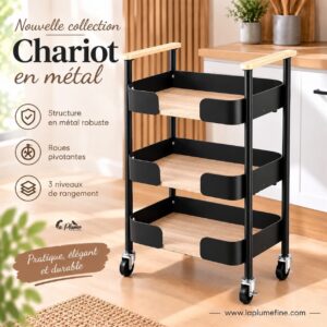 Chariot en Métal Noir et Bois