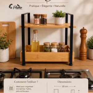 Etagère à 2 niveaux en bambou et méta